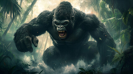 king kong rampage style a king kong gorilla goes on a rampage in the city king kong rampage in jungle, Generative AI 