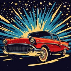 A striking red vintage car shines against a dynamic starburst backdrop, showcasing classic automotive design.