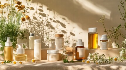 A collection of natural beauty products designed for all skin types, featuring gentle, organic ingredients like aloe vera and chamomile, displayed in an inclusive and diverse setting