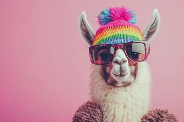 A high-resolution, realistic stock photograph of a llama wearing a colorful rainbow hat and oversized sunglasses, set against a pastel pink background, with a sassy and comical pose