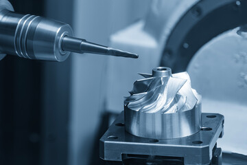 The 5-axis CNC milling machine  cutting the turbocharger part with solid taper ball end mill tool.