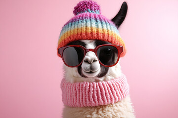 A high-resolution, realistic stock photograph of a llama wearing a colorful rainbow hat and oversized sunglasses, set against a pastel pink background, with a sassy and comical pose
