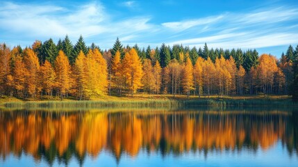 Obraz premium Tranquil lake reflecting the colors of a vibrant autumn forest