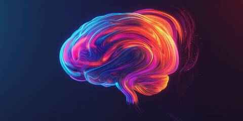 Fototapeta premium A creative design with swirling, neon-colored lines forming the shape of a brain, set against a dark gradient background to highlight the concept of imagination.