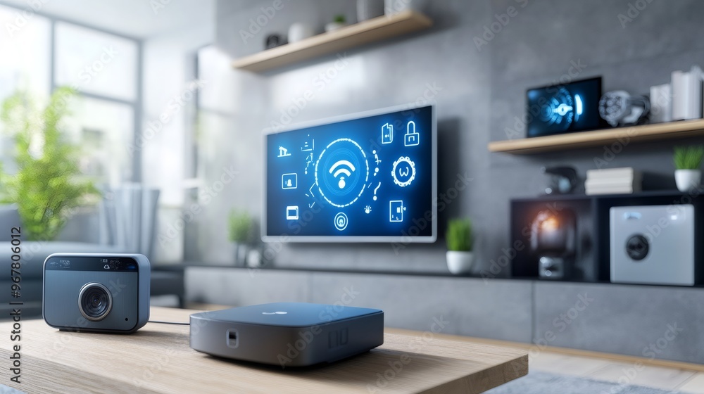 Poster smart home security system with a camera and a hub connected to a tv screen displaying a wifi icon.