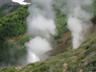 Russia Kamchatka Valley of Geysers on a summer cloudy day