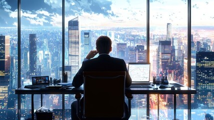 Fototapeta premium An investment banker in a high-end office gazes thoughtfully at the city skyline, embodying strategic thinking and foresight in a moment of contemplation amidst a bustling urban landscape.