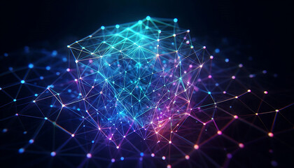 Abstract geometric design featuring a network of illuminated translucent lines forming interconnected shapes. The vibrant hues of blue purple and green create a dynamic glow against a dark background