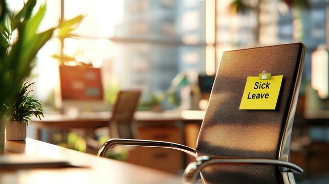 An empty office chair with a Sick Leave sticky note attached, creating a poignant atmosphere of absence in a softly blurred office setting.