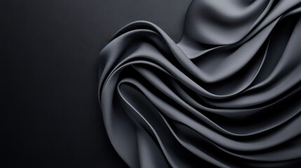 Fototapeta premium Flowing black silk fabric draped elegantly on a dark surface, creating a luxurious, dramatic, and textured effect for fashion or decor themes.