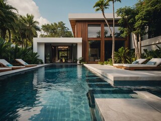 A luxurious swimming pool design in a private villa, surrounded by lush garden scenery.