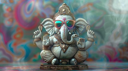 Fototapeta premium Cool Ganesha: A modern take on the Hindu deity, sporting cool shades against a vibrant, psychedelic backdrop. 