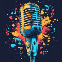 A vibrant retro microphone surrounded by colorful musical notes, capturing the essence of music and creativity.