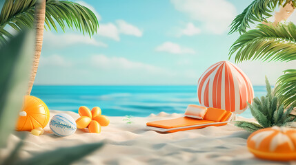 Tropical beach with sunbathing accessories summer holiday concept 3d illustration. Summer Beach. Illustration