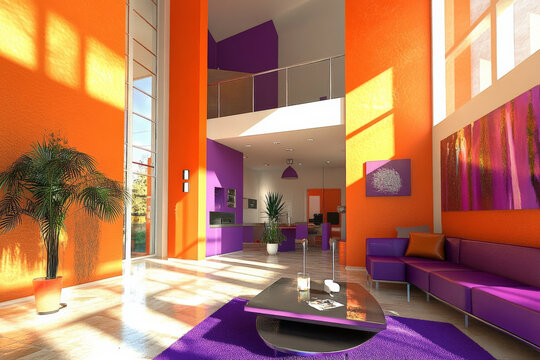 A dynamic 3D interior with bright orange walls and contrasting purple accents. The bold color scheme adds energy and vibrancy to the modern space.