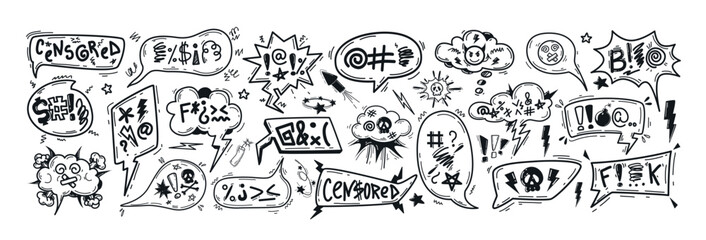 Hand drawn doodle sketch speech bubbles with insults, curses, swear word symbols and offensive language. Bad words in talk frames, comic explosion boxes or chat balloons for angry, negative expression