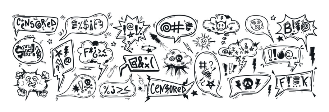 Hand drawn doodle sketch speech bubbles with insults, curses, swear word symbols and offensive language. Bad words in talk frames, comic explosion boxes or chat balloons for angry, negative expression