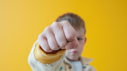 A young boy displaying his fist balled stance, conveying confidence and readiness for action.