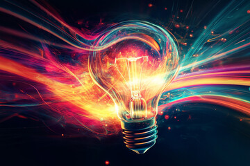A dynamic background with vibrant, swirling light trails and abstract shapes forming the shape of a lightbulb to symbolize the burst of creativity.