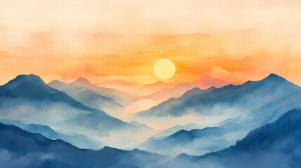 Watercolor landscape depicting serene sunrise over misty mountain layers. Foggy Morning. Illustration