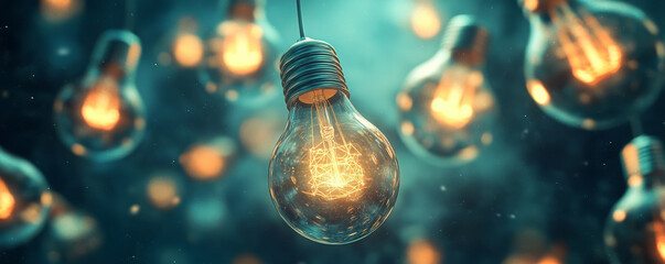 A dynamic design featuring multiple glowing lightbulbs floating in a futuristic, abstract environment, symbolizing the explosion of ideas on a dark background.