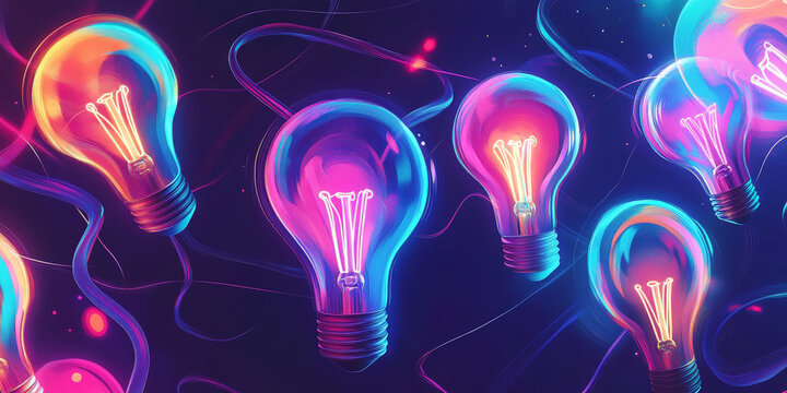 A dynamic design featuring multiple glowing lightbulbs connected by swirling lines of neon light, symbolizing the explosion of ideas and creativity.