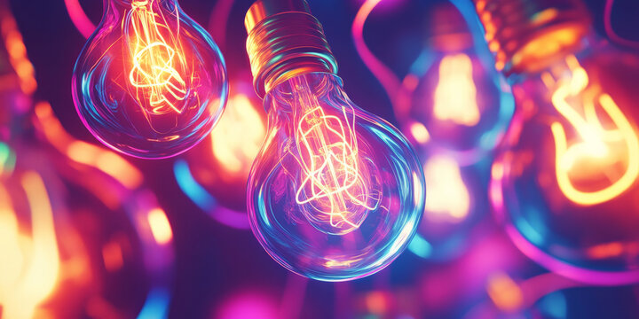 A dynamic design featuring multiple glowing lightbulbs connected by swirling lines of neon light, symbolizing the explosion of ideas and creativity.