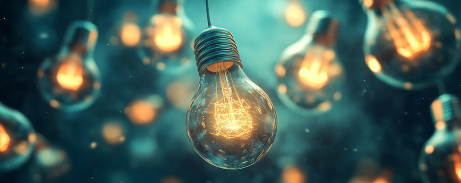 A dynamic design featuring multiple glowing lightbulbs floating in a futuristic, abstract environment, symbolizing the explosion of ideas on a dark background.