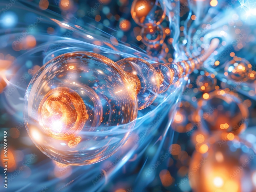 Poster 3d illustration of nuclear fusion with light beams and particles. abstract digital art with a space-