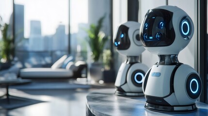 Two futuristic robots standing on a table in a modern living room.