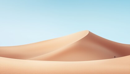 A serene desert landscape with towering sand dunes, a clear blue sky, and a lone traveler in the distance