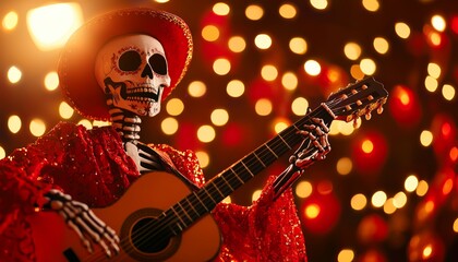 A skeleton dressed in a traditional Mexican mariachi outfit, playing a guitar during a Day of the Dead performance