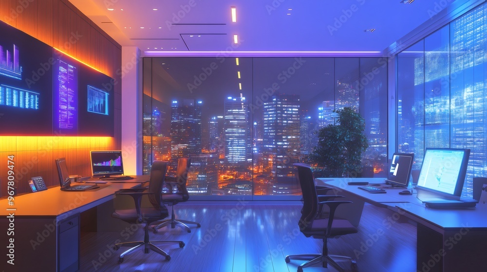Aufkleber two desks with computers in an office with a city view at night.