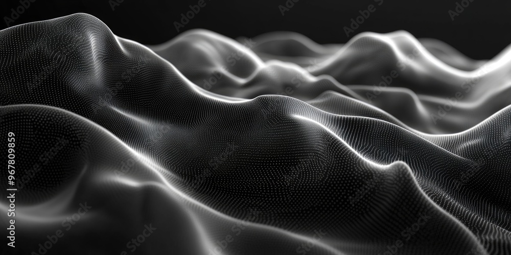 Poster digital art of wave-like patterns on a textured surface, possibly representing advanced technology o