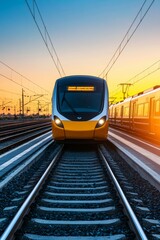 Naklejka premium A transportation hub filled with electric trains, buses, and cars, all powered by renewable energy, achieving carbon neutrality