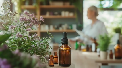 A serene consultation scene where a homeopathic specialist is advising a patient in a calming environment, surrounded by natural elements such as plants and essential oils