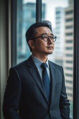 Fototapeta premium Businessman looking out of window with serious expression.