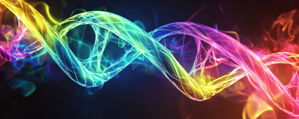 A glowing DNA strand made of swirling ribbons of light in bright rainbow colors, floating against a dark gradient background with soft reflections.