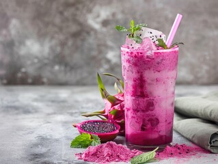 Colorful pink drink with edible flowers as garnish, served in a tall glass with mint and straw. Photographed on a textured grey surface for a stylish food photo.