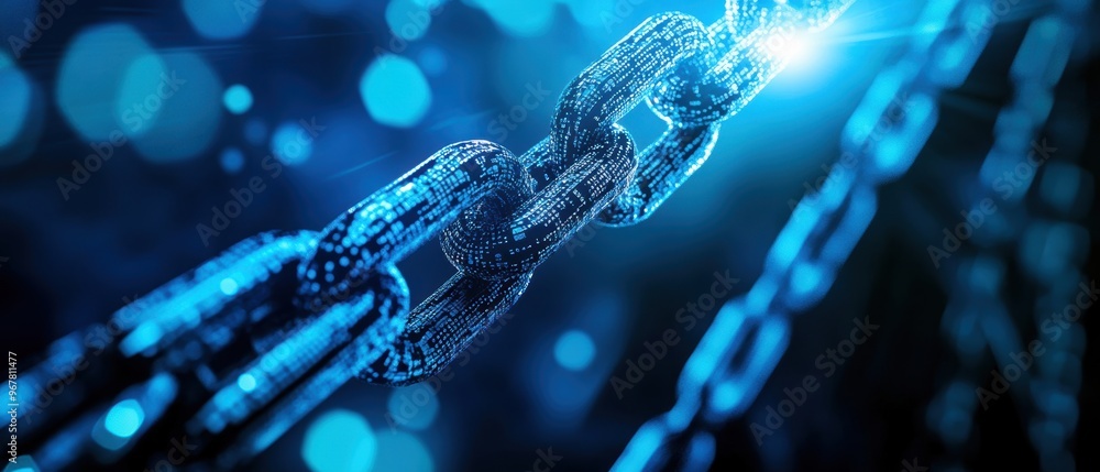 Poster a close-up view of a metallic chain link illuminated with blue light, symbolizing strength and conne