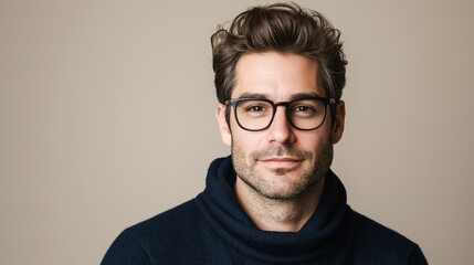 Obraz premium A serious late-40s Caucasian man with graying hair and glasses, wearing a navy blue sweater against a soft beige background