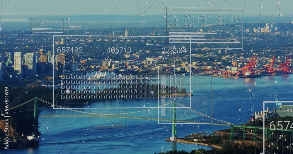 Poster animation of data processing over cityscape