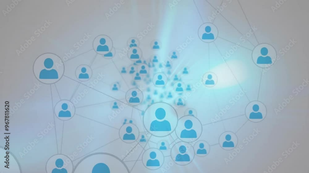 Poster animation of network of connections with icons on white background