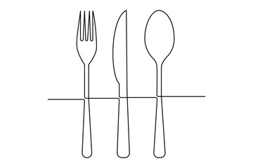 One continuous one line hand drawn plate, knife and fork Simple sketch design isolated on white background. outline Vector illustration