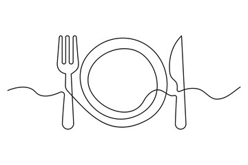 One continuous one line hand drawn plate, knife and fork Simple sketch design isolated on white background. outline Vector illustration