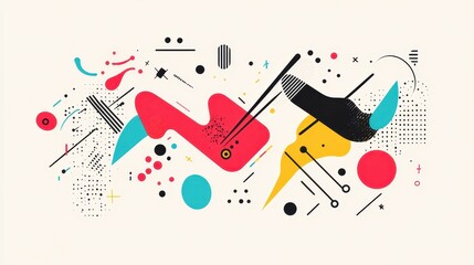 Colorful abstract elements create a dynamic composition with various geometric shapes and lines featuring a mix of vibrant hues