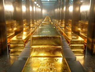 A long, narrow vault filled with stacks of gold bars