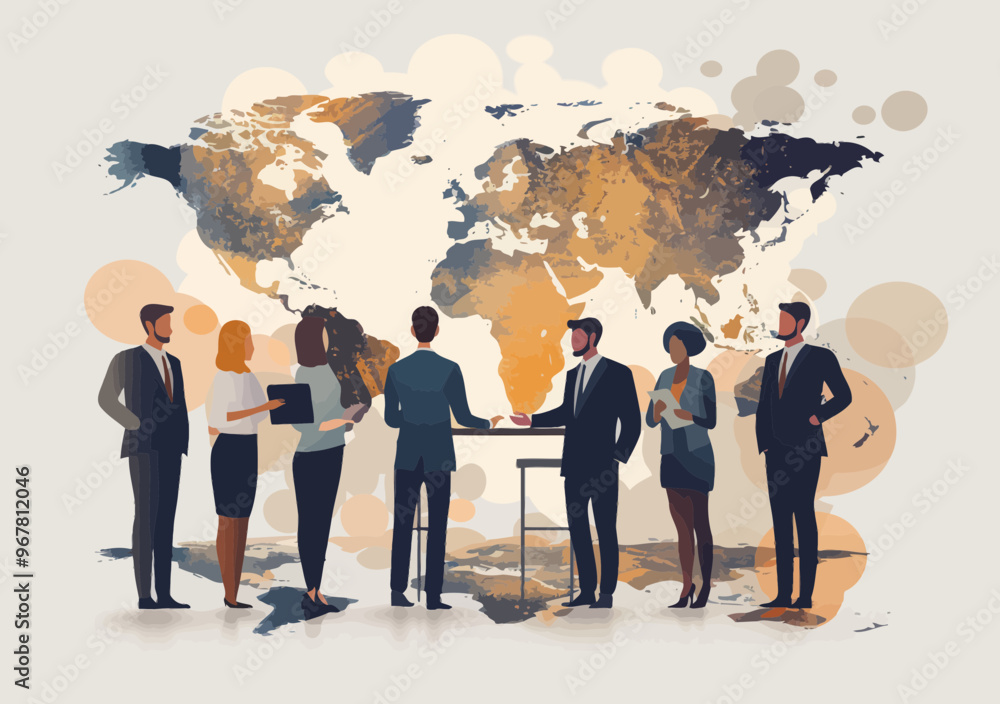 Poster global business team discussing trade and investment strategies in front of world map - minimalistic