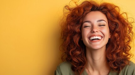 Naklejka premium A mid-30s Latina woman with curly red hair laughs joyfully against a pale yellow background, with space on the right for text
