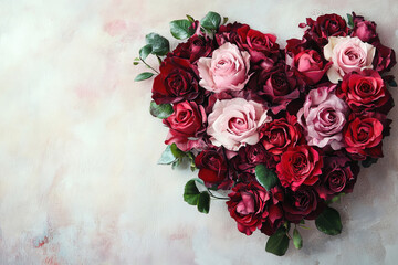 A heart-shaped bouquet of roses in shades of red and pink, with delicate green leaves and soft petals, set against a white, textured background.
